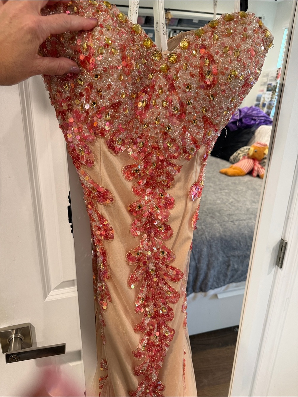 Jovani Strapless Beaded Evening Gown in Blush and Coral
